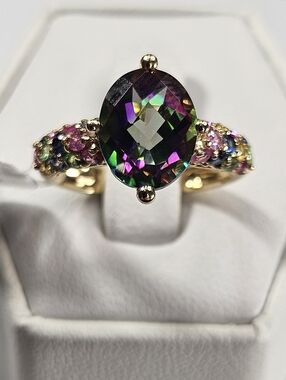 14K Solid Yellow Gold Mystic Topaz Multicolored Gemstone Cocktail/Engagment Ring